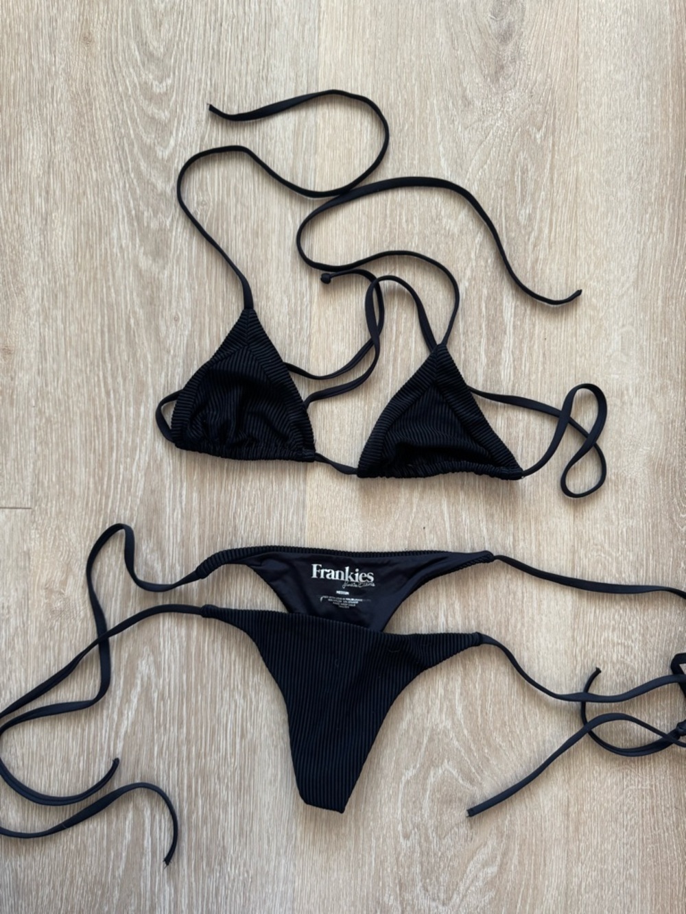 Frankie’s  Black Ribbed Triangle Tie Bikini Set